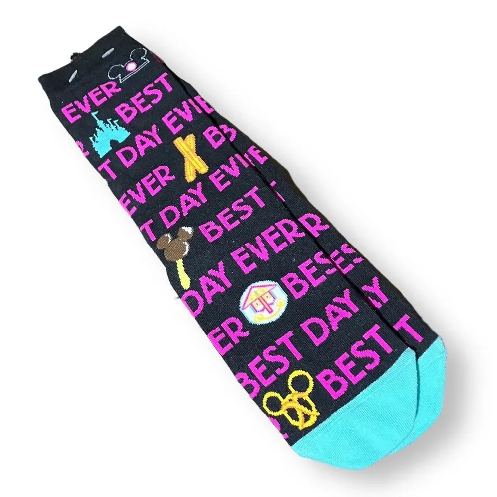 Disney Parks Socks Adult Black Best Day‎ Ever Castle Churro Pretzel Cotton Ears